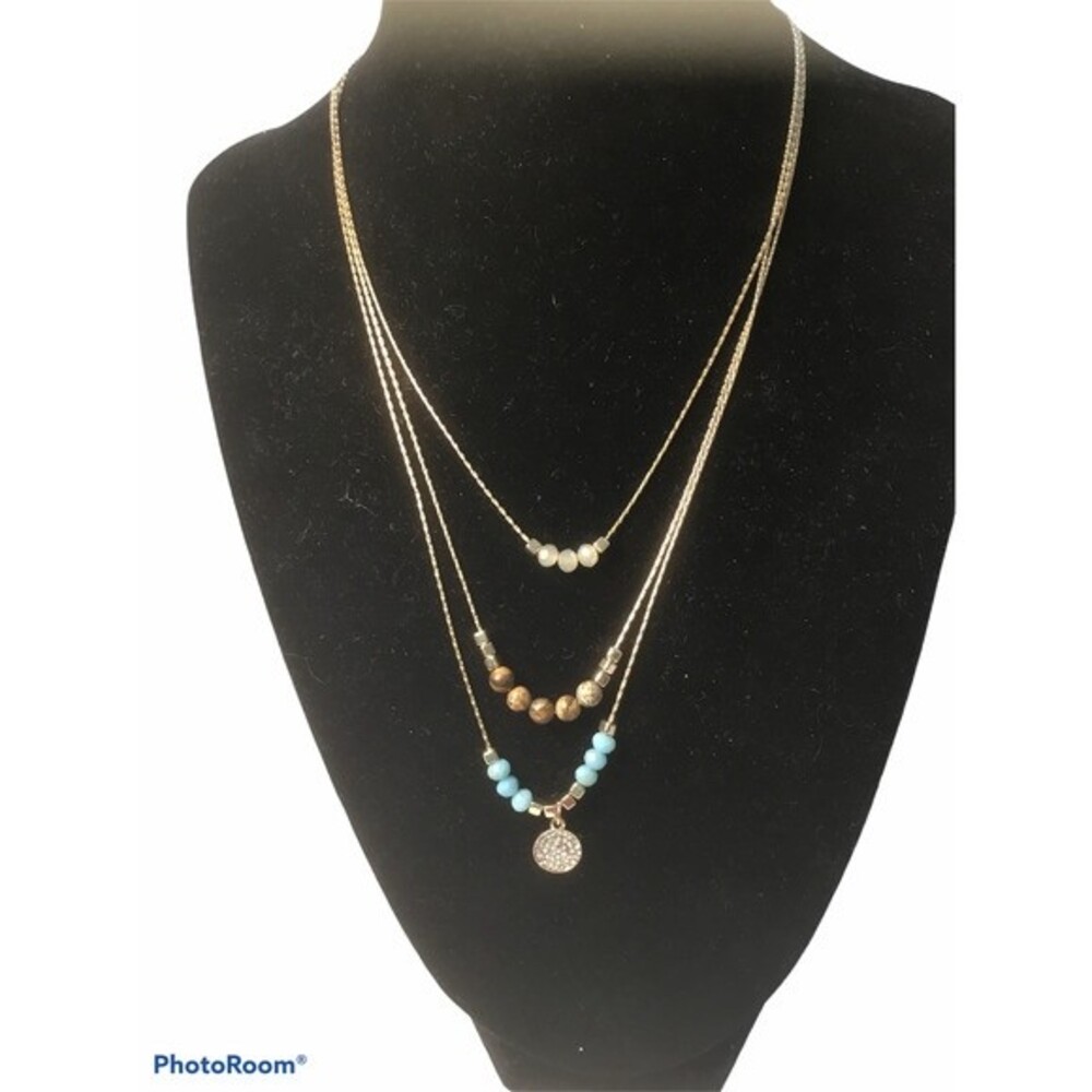 Gold Multi Strand Necklace  Rhinestones and Beads